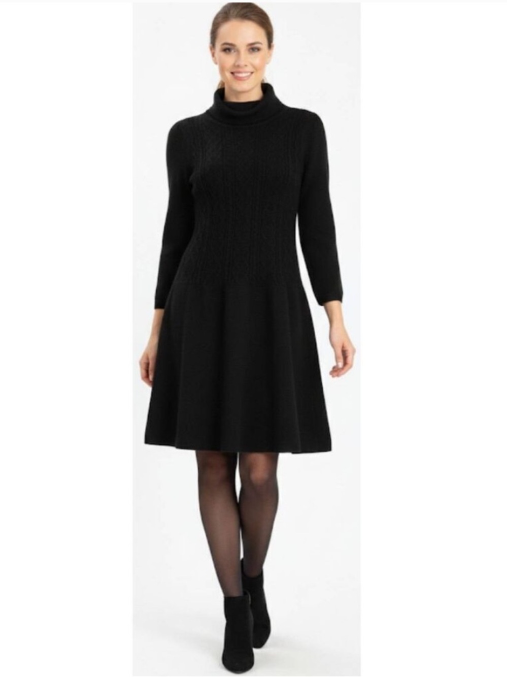 Alice + Olivia Black Turtleneck Fit-and-Flare Long Sleeve Dress